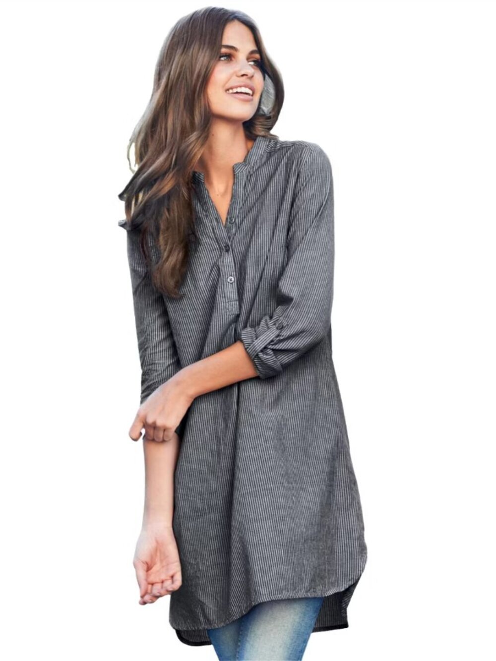 Ellos 100% Cotton Gray White Pinstripe High-Low Tunic Blouse Size L 18/20